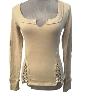 Free People Cream lace up layering shirt w V-Neck